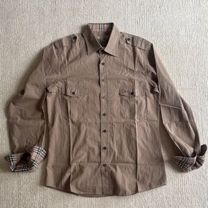 Authentic BURBERRY LONDON Tan Shirt with Plaid Collar and Cuffs size M